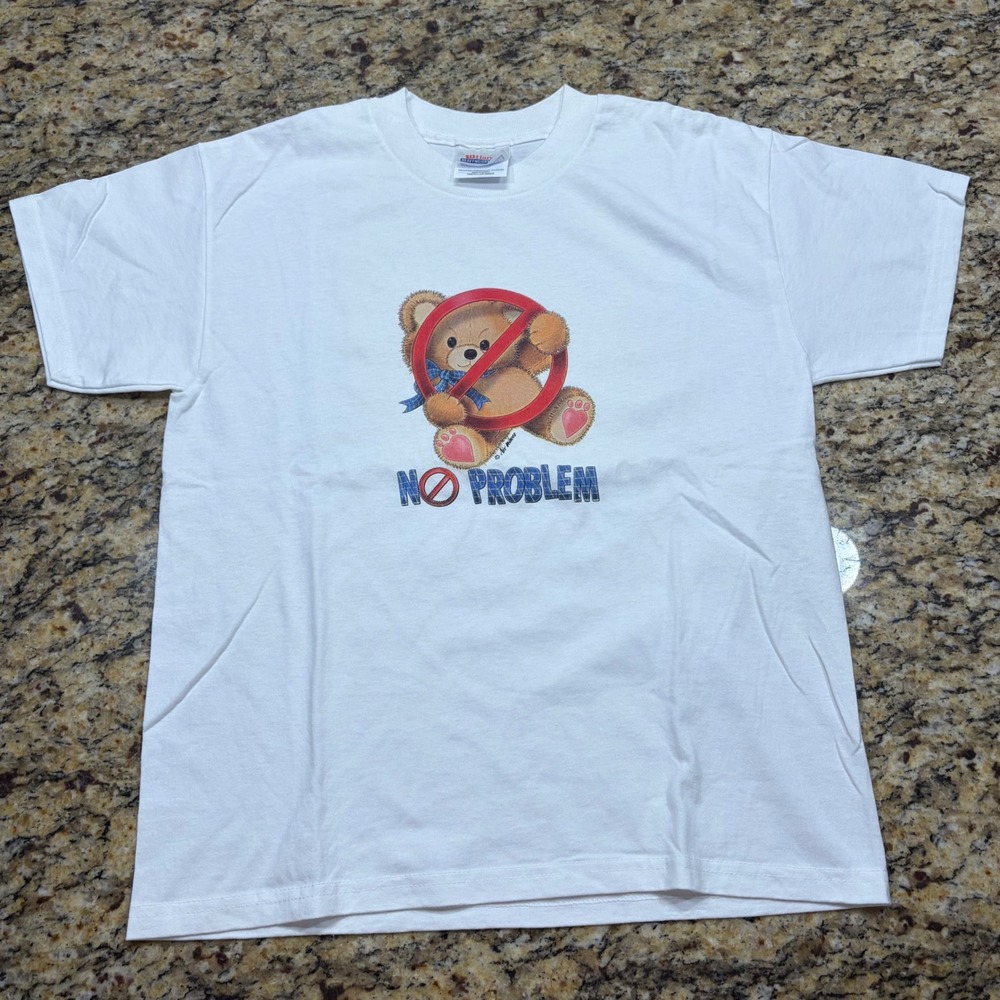 Vintage Hanes No Problem Teddy Bear Graphic T-Shirt Kids Youth L White v